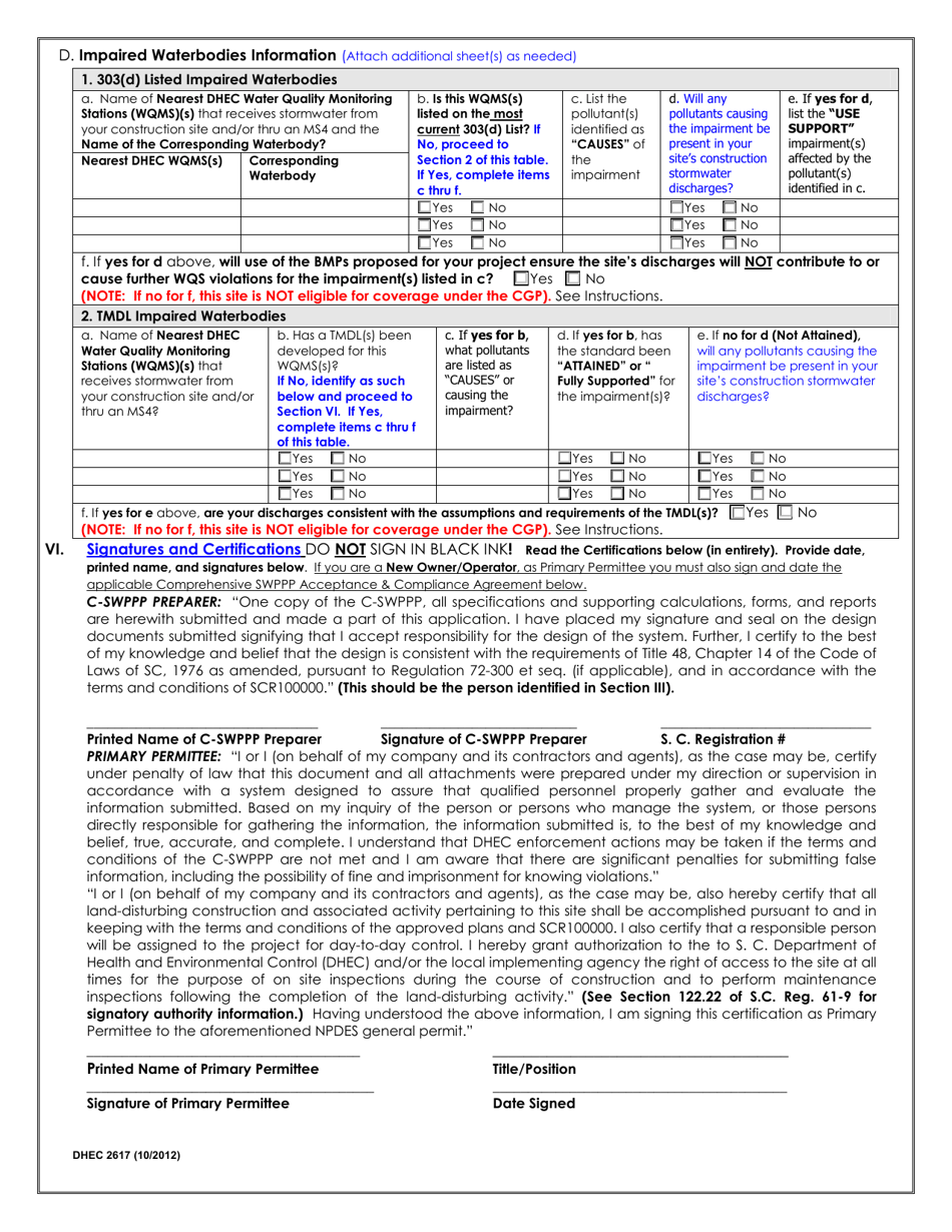 DHEC Form 2617 Notice of Intent (Noi) for Coverage(S) of Primary Permittees Under South Carolina Npdes General Permit for Stormwater Discharges From Construction Activities Scr100000 - South Carolina, Page 3