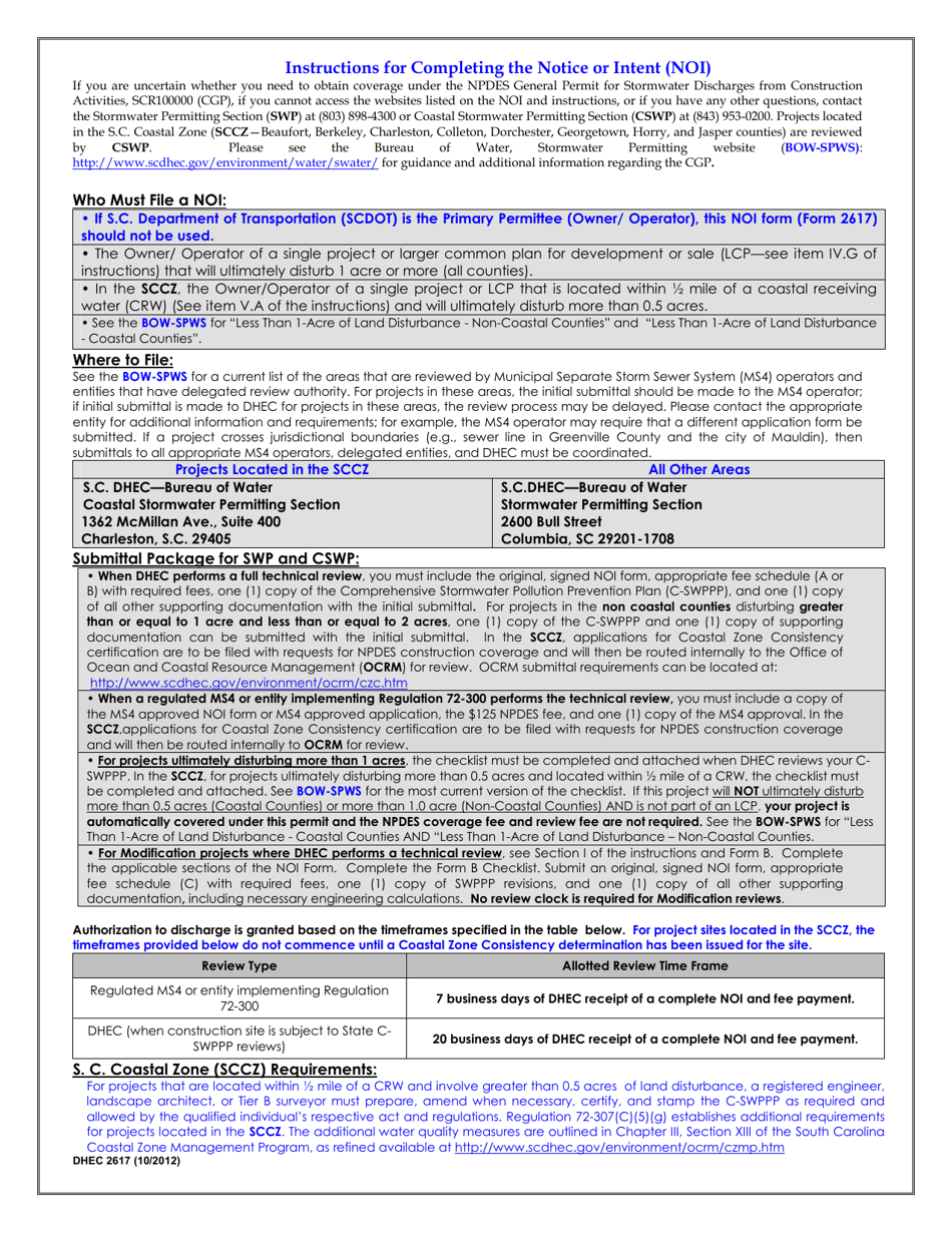 DHEC Form 2617 Notice of Intent (Noi) for Coverage(S) of Primary Permittees Under South Carolina Npdes General Permit for Stormwater Discharges From Construction Activities Scr100000 - South Carolina, Page 6