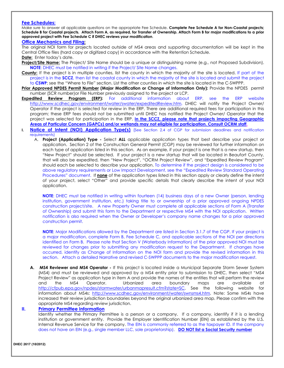 DHEC Form 2617 Notice of Intent (Noi) for Coverage(S) of Primary Permittees Under South Carolina Npdes General Permit for Stormwater Discharges From Construction Activities Scr100000 - South Carolina, Page 7