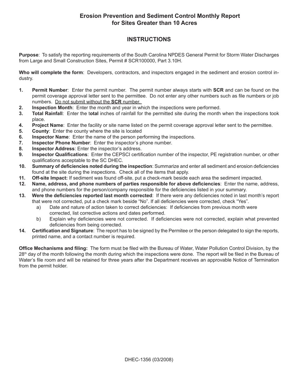 DHEC Form 1356 Erosion Prevention and Sediment Control Monthly Report for Sites Greater Than 10 Acres - South Carolina, Page 2