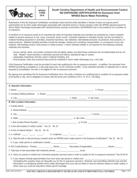Document preview: DHEC Form 2616 No Exposure Certification for Exclusion From Npdes Storm Water Permitting - South Carolina
