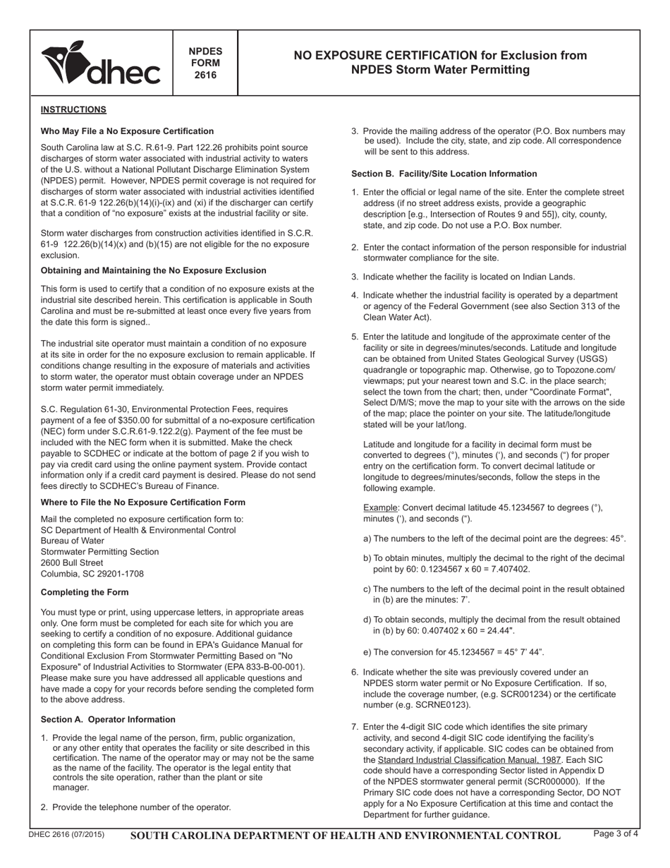 DHEC Form 2616 No Exposure Certification for Exclusion From Npdes Storm Water Permitting - South Carolina, Page 3