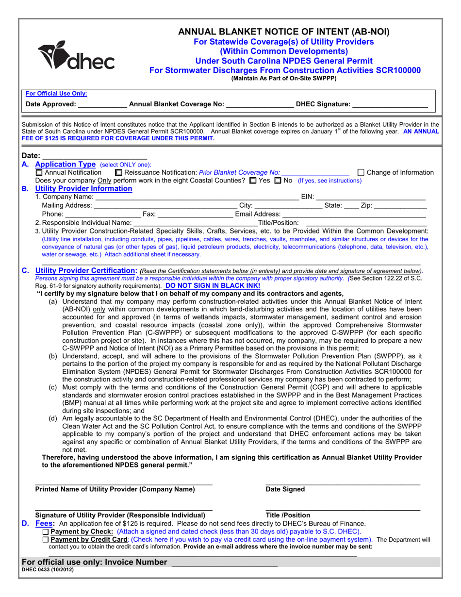 DHEC Form 0433 Annual Blanket Notice of Intent (AB-Noi) for Statewide Coverage(S) of Utility Providers (Within Common Developments) Under South Carolina Npdes General Permit for Stormwater Discharges From Construction Activities Scr100000 - South Carolina, Page 1