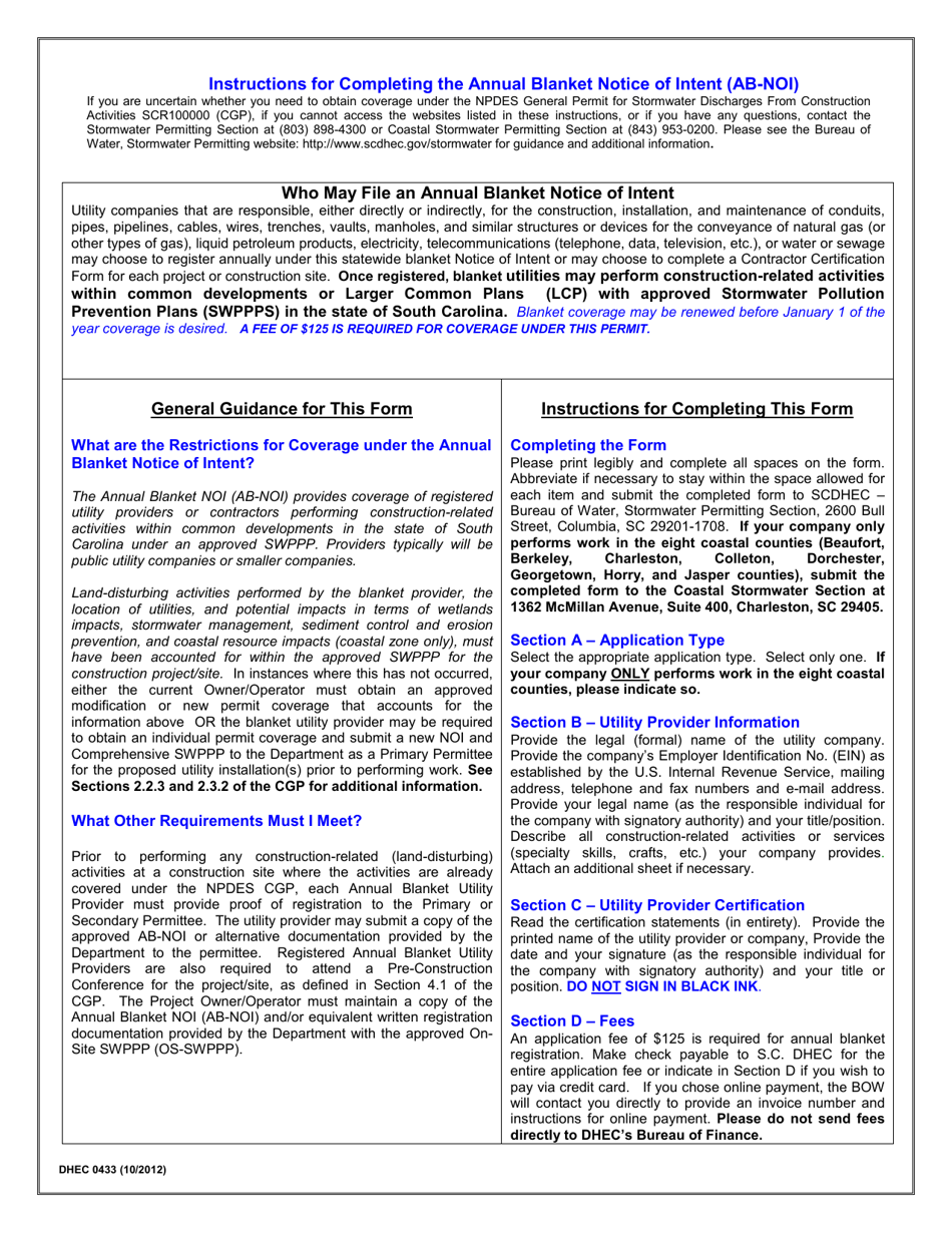 DHEC Form 0433 Annual Blanket Notice of Intent (AB-Noi) for Statewide Coverage(S) of Utility Providers (Within Common Developments) Under South Carolina Npdes General Permit for Stormwater Discharges From Construction Activities Scr100000 - South Carolina, Page 2