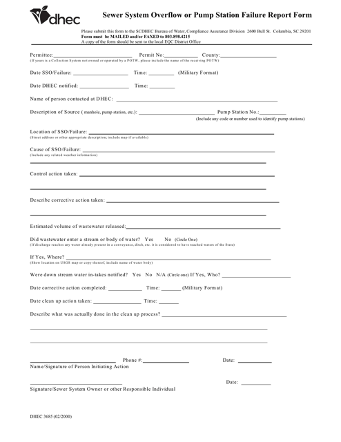 DHEC Form 3685  Printable Pdf