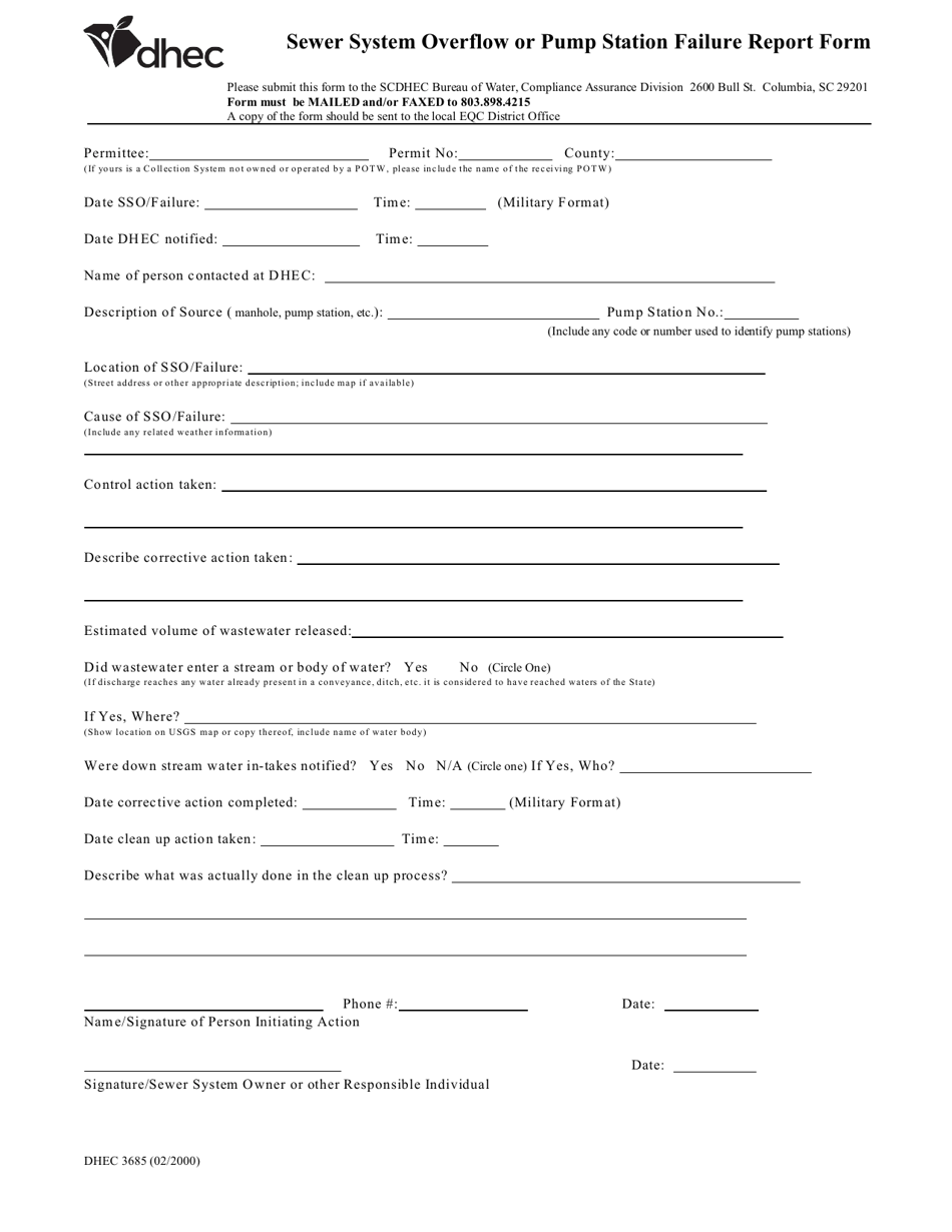 DHEC Form 3685 - Fill Out, Sign Online and Download Printable PDF ...