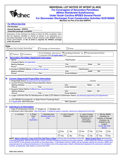 DHEC Form 0432 Individual Lot Notice of Intent (IL-noi) for Coverage(S) of Secondary Permittees (Within Residential Subdivisions) Under South Carolina Npdes General Permit for Stormwater Discharges From Construction Activities Scr100000 - South Carolina