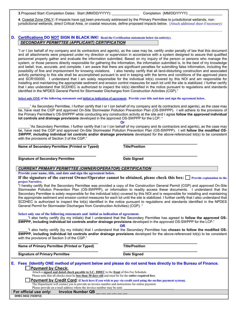 DHEC Form 0432 Individual Lot Notice of Intent (IL-noi) for Coverage(S) of Secondary Permittees (Within Residential Subdivisions) Under South Carolina Npdes General Permit for Stormwater Discharges From Construction Activities Scr100000 - South Carolina, Page 2