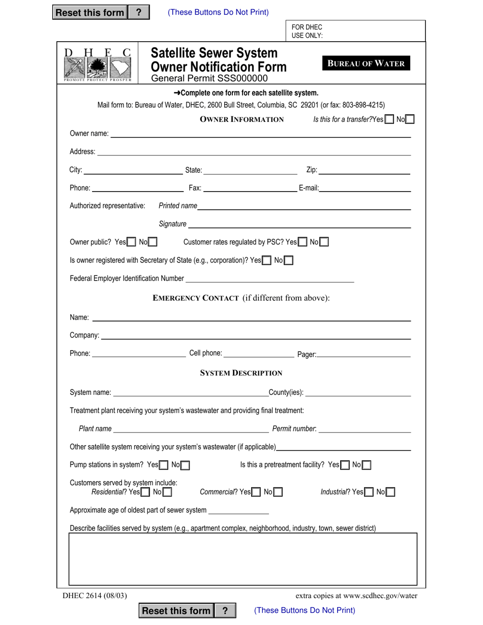 DHEC Form 2614 Satellite Sewer System Owner Notification Form - General Permit Sss000000 - South Carolina, Page 1