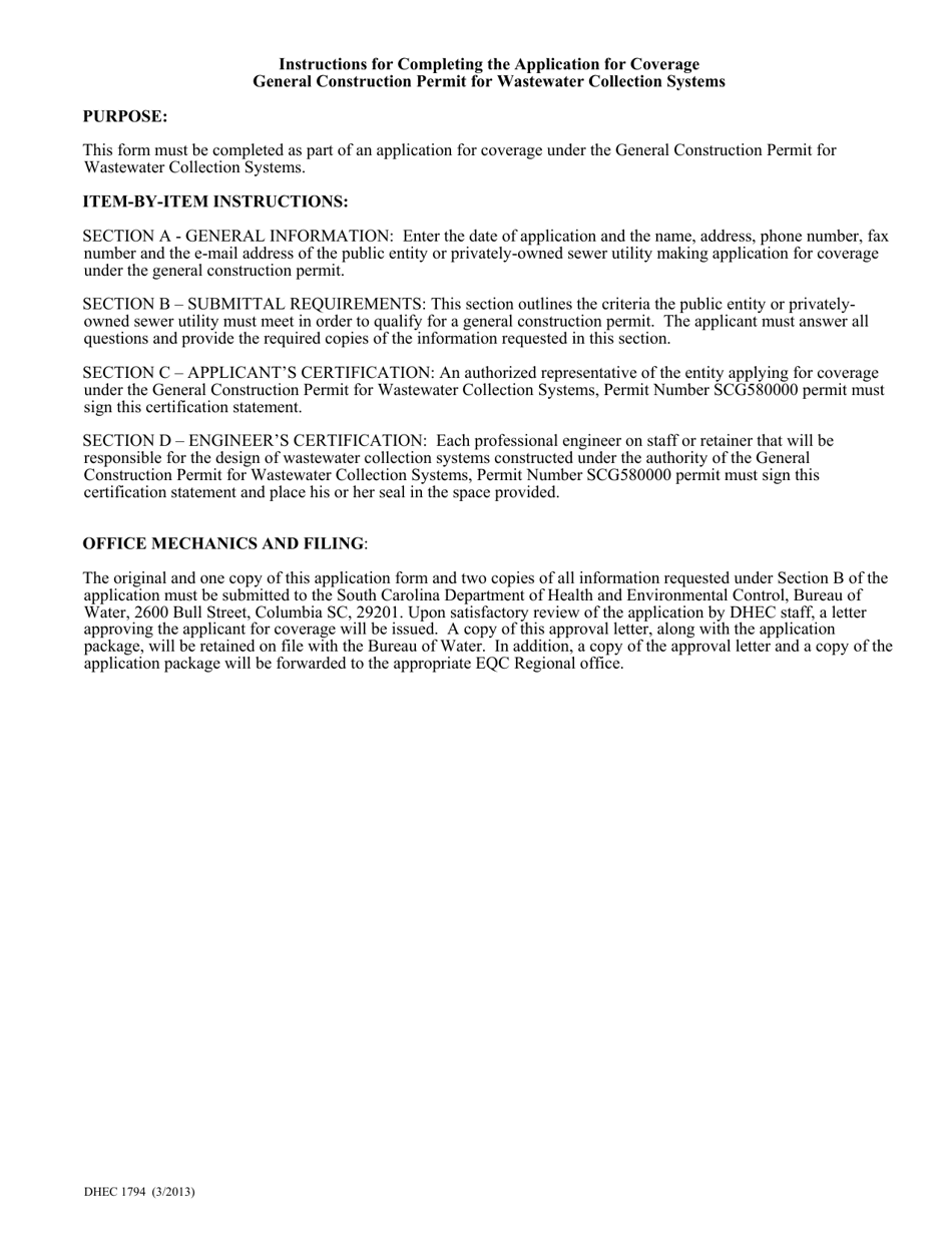 DHEC Form 1794 Application for Coverage General Construction Permit for Wastewater Collection Systems - South Carolina, Page 3