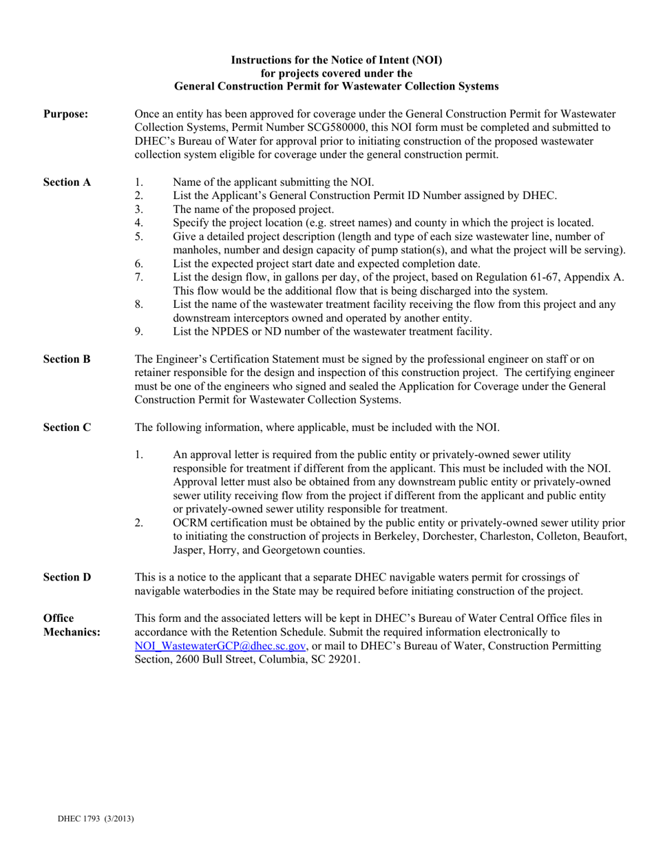 DHEC Form 1793 Notice of Intent for Projects Covered Under General Construction Permit for Wastewater Collection Systems - South Carolina, Page 2