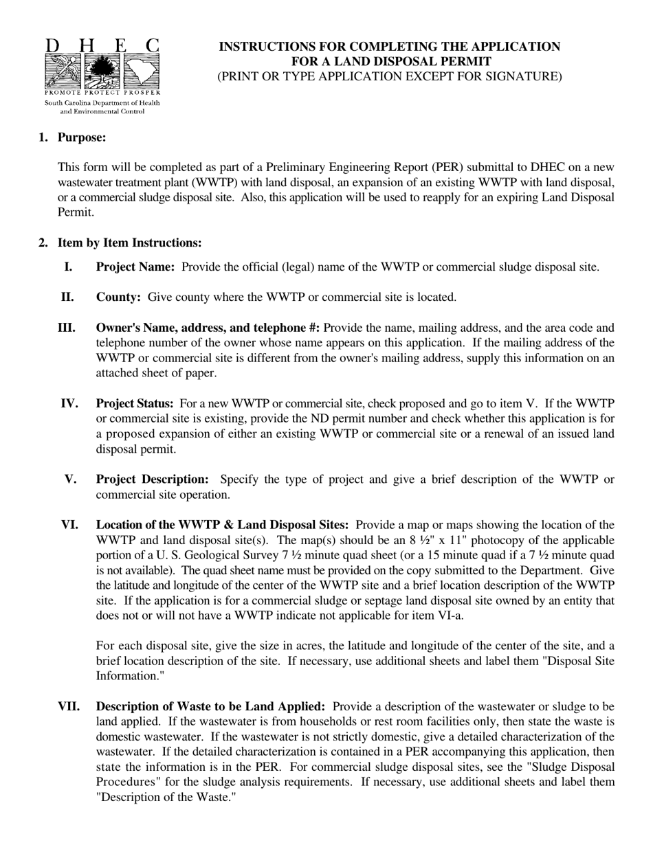 Application for a Land Disposal (No Discharge or Nd) Permit - South Carolina, Page 1