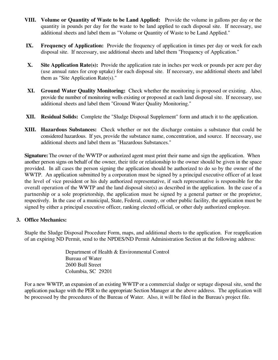 Application for a Land Disposal (No Discharge or Nd) Permit - South Carolina, Page 2