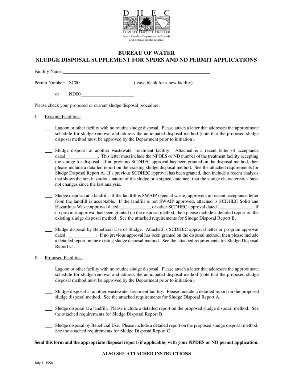 Sludge Disposal Supplement for Npdes and Nd Permit Applications - South Carolina, Page 1