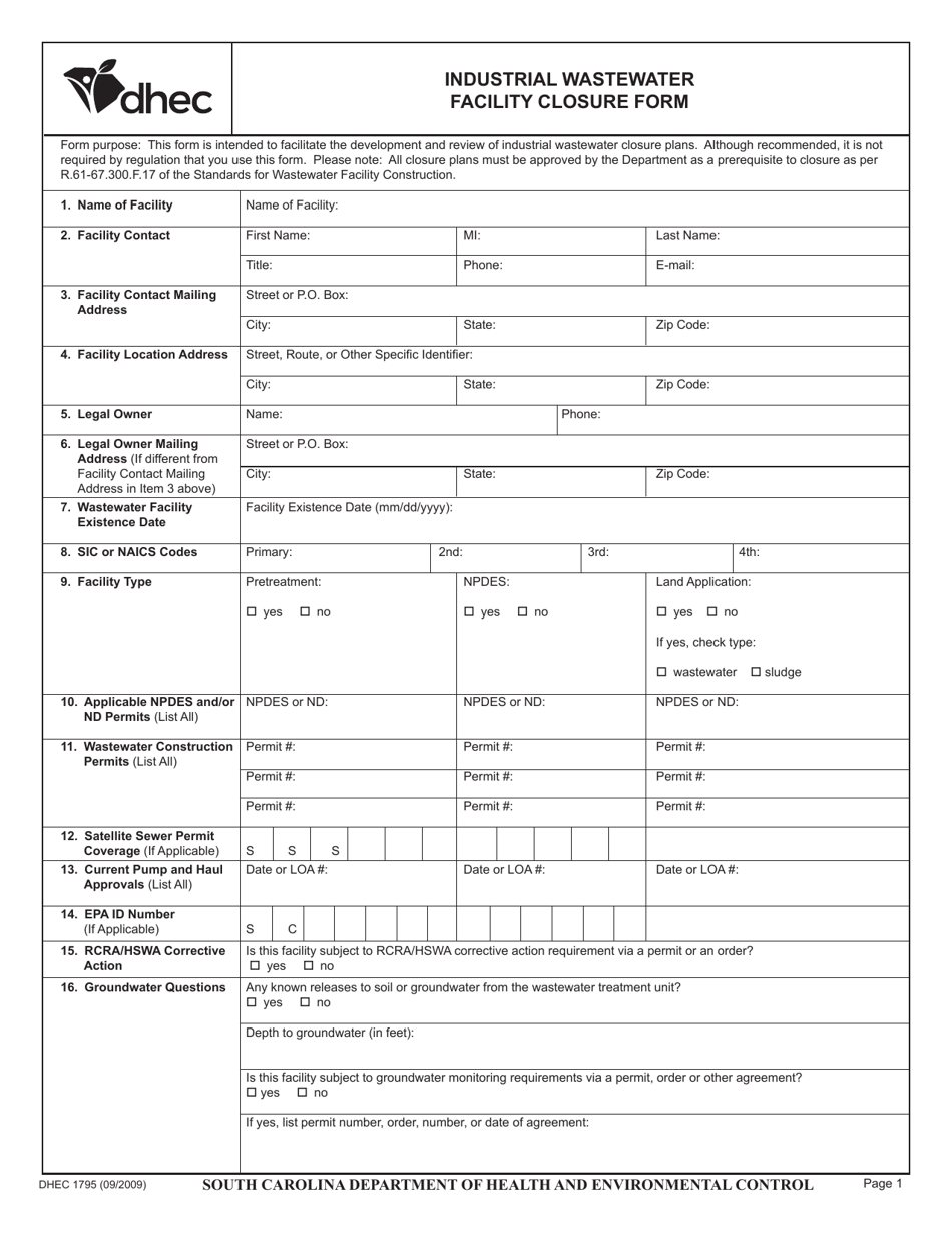 DHEC Form 1795 Industrial Wastewater Facility Closure Form - South Carolina, Page 1