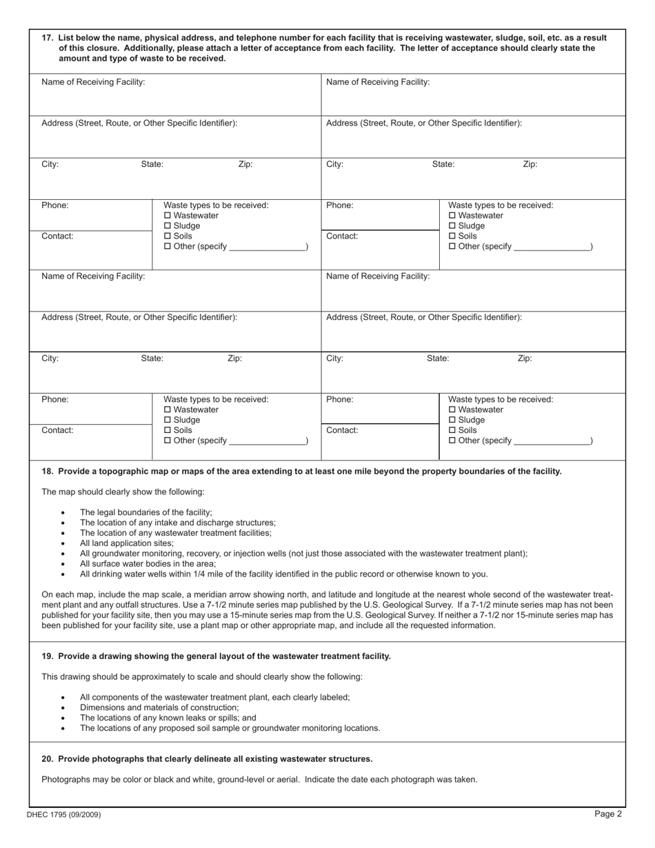 DHEC Form 1795 Industrial Wastewater Facility Closure Form - South Carolina, Page 2