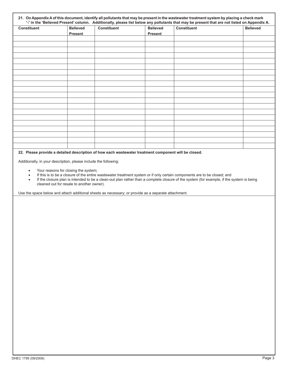 DHEC Form 1795 Industrial Wastewater Facility Closure Form - South Carolina, Page 3