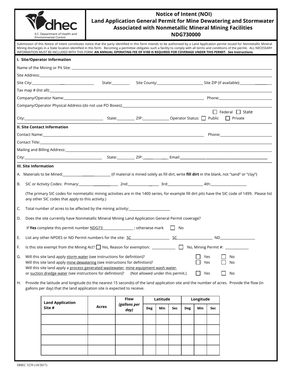 DHEC Form 3239 Notice of Intent (Noi) - Land Application General Permit for Mine Dewatering and Stormwater Associated With Nonmetallic Mineral Mining Facilities Ndg730000 - South Carolina, Page 1