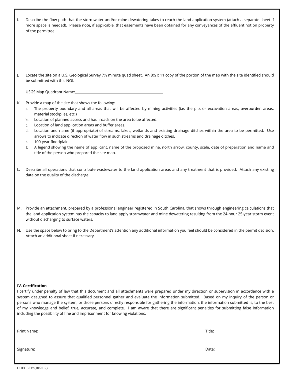 DHEC Form 3239 Notice of Intent (Noi) - Land Application General Permit for Mine Dewatering and Stormwater Associated With Nonmetallic Mineral Mining Facilities Ndg730000 - South Carolina, Page 2