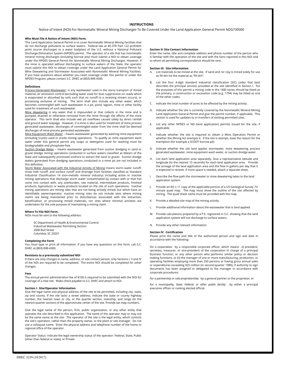 DHEC Form 3239 Notice of Intent (Noi) - Land Application General Permit for Mine Dewatering and Stormwater Associated With Nonmetallic Mineral Mining Facilities Ndg730000 - South Carolina, Page 3