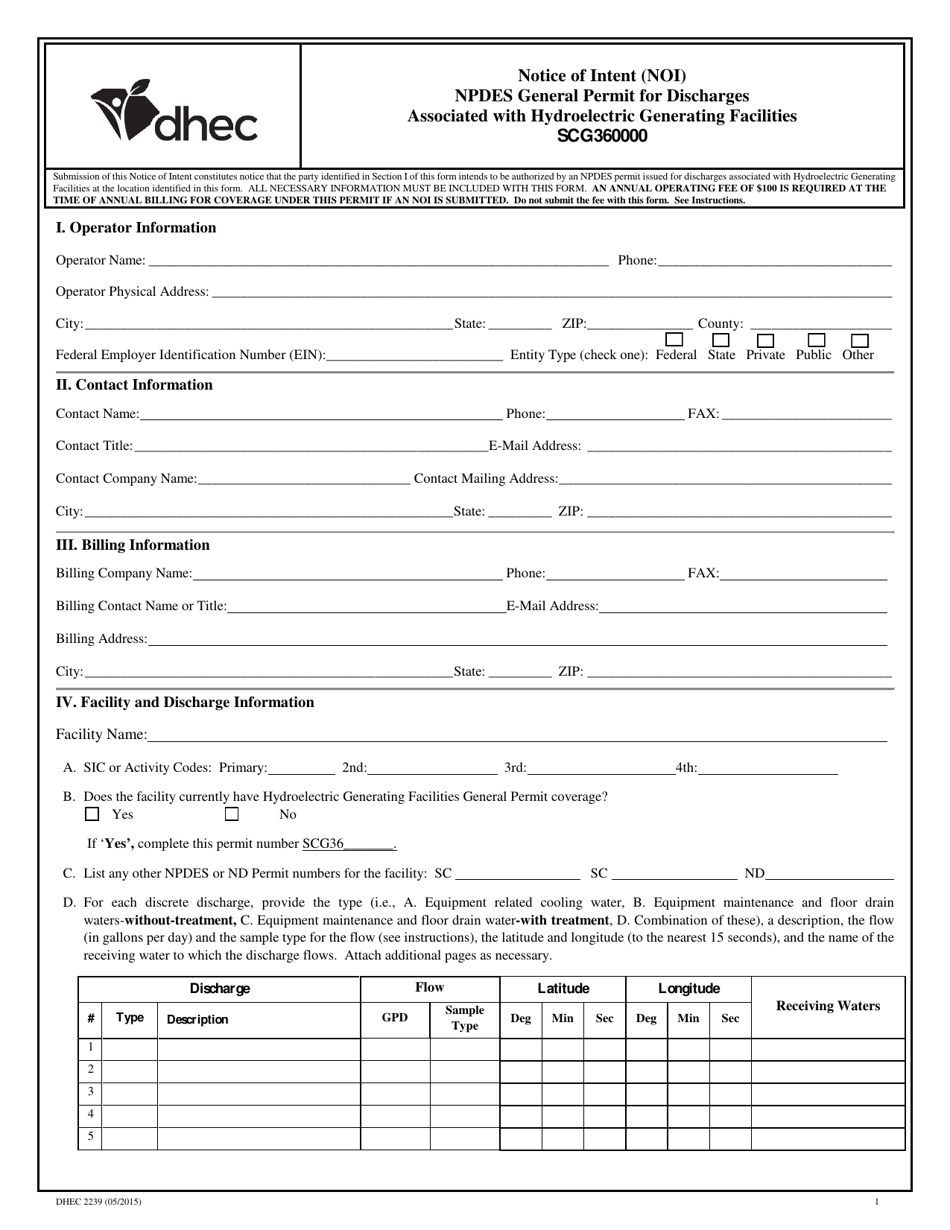 DHEC Form 2239 Notice of Intent (Noi) - Npdes General Permit for Discharges Associated With Hydroelectric Generating Facilities Scg360000 - South Carolina, Page 1