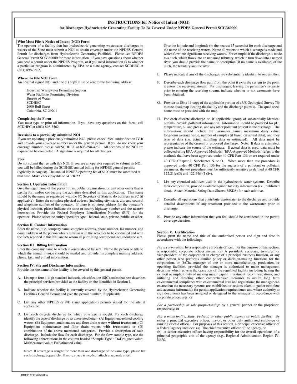 DHEC Form 2239 Notice of Intent (Noi) - Npdes General Permit for Discharges Associated With Hydroelectric Generating Facilities Scg360000 - South Carolina, Page 3