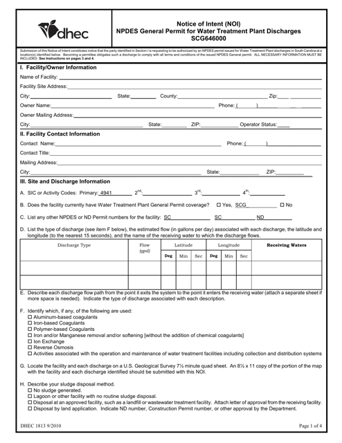 DHEC Form 1813 Notice of Intent (Noi) - Npdes General Permit for Water Treatment Plant Discharges Scg646000 - South Carolina
