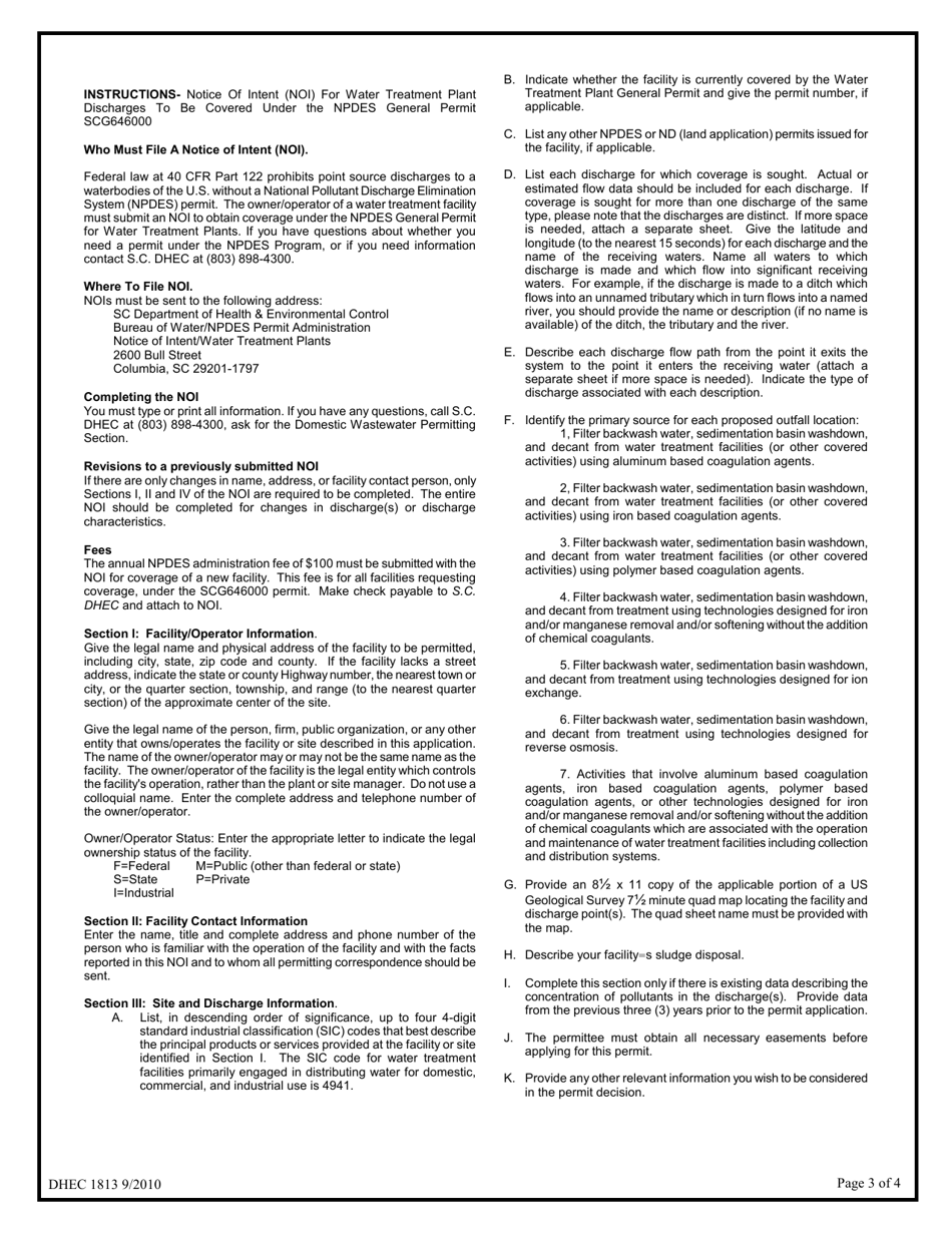 DHEC Form 1813 Notice of Intent (Noi) - Npdes General Permit for Water Treatment Plant Discharges Scg646000 - South Carolina, Page 3
