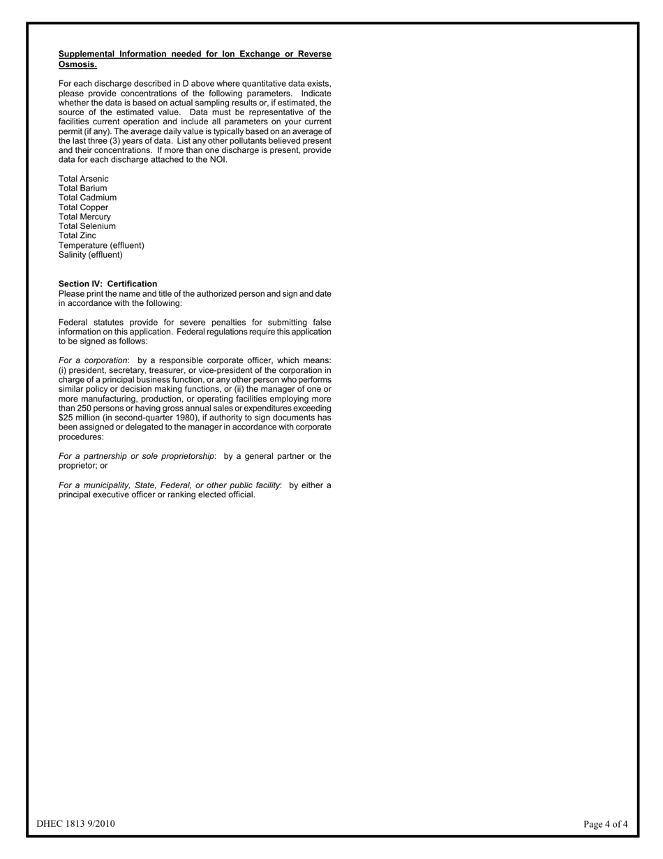 DHEC Form 1813 Notice of Intent (Noi) - Npdes General Permit for Water Treatment Plant Discharges Scg646000 - South Carolina, Page 4