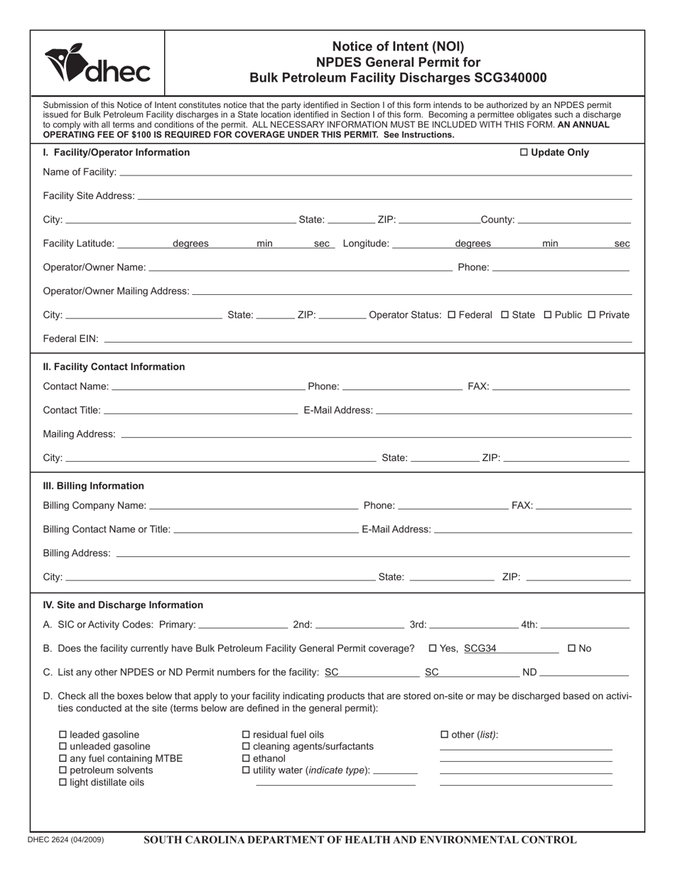 DHEC Form 2624 Notice of Intent (Noi) - Npdes General Permit for Bulk Petroleum Facility Discharges Scg340000 - South Carolina, Page 1