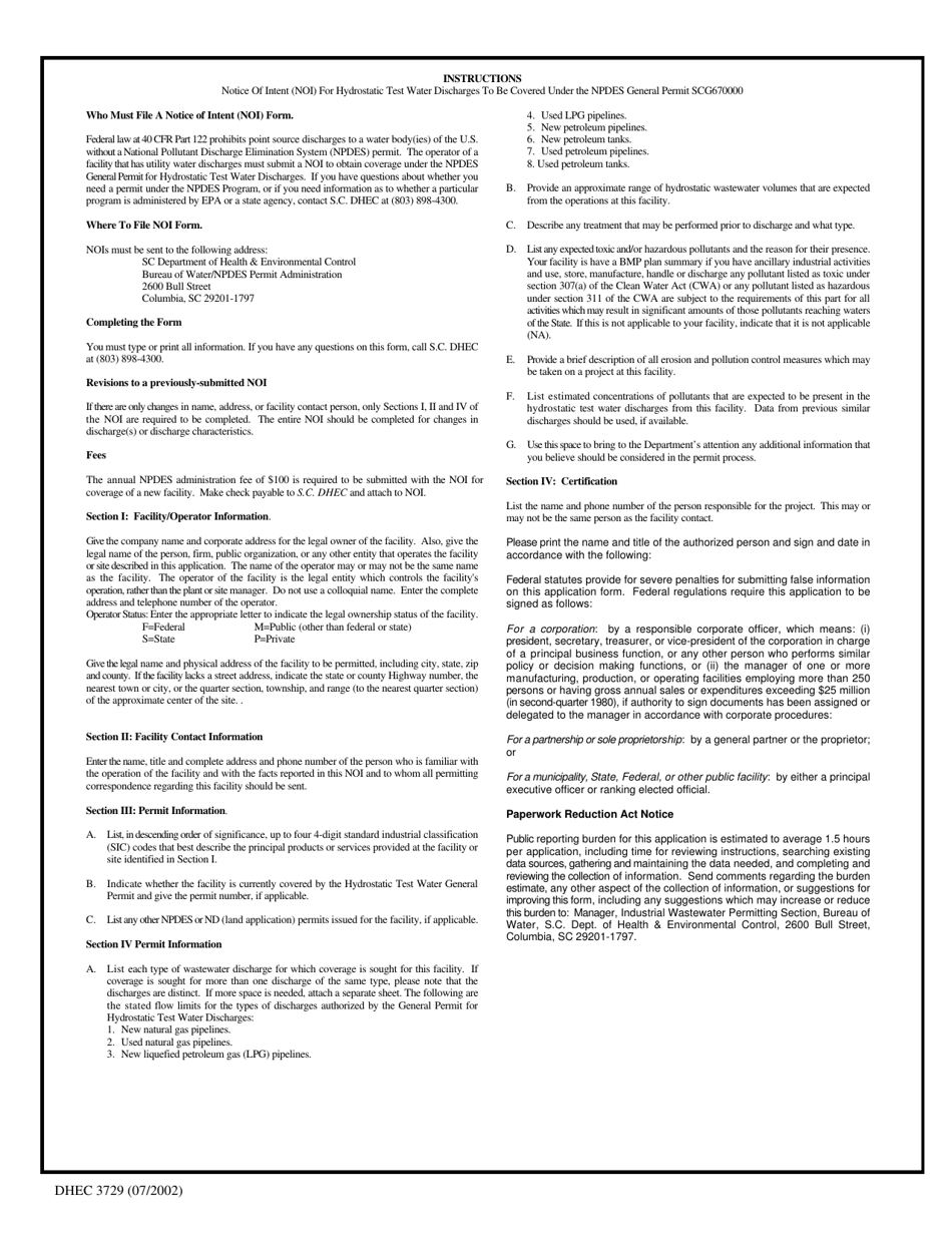 DHEC Form 3729 Notice of Intent (Noi) - Npdes General Permit for Hydrostatic Test Water Discharges Scg670000 - South Carolina, Page 3