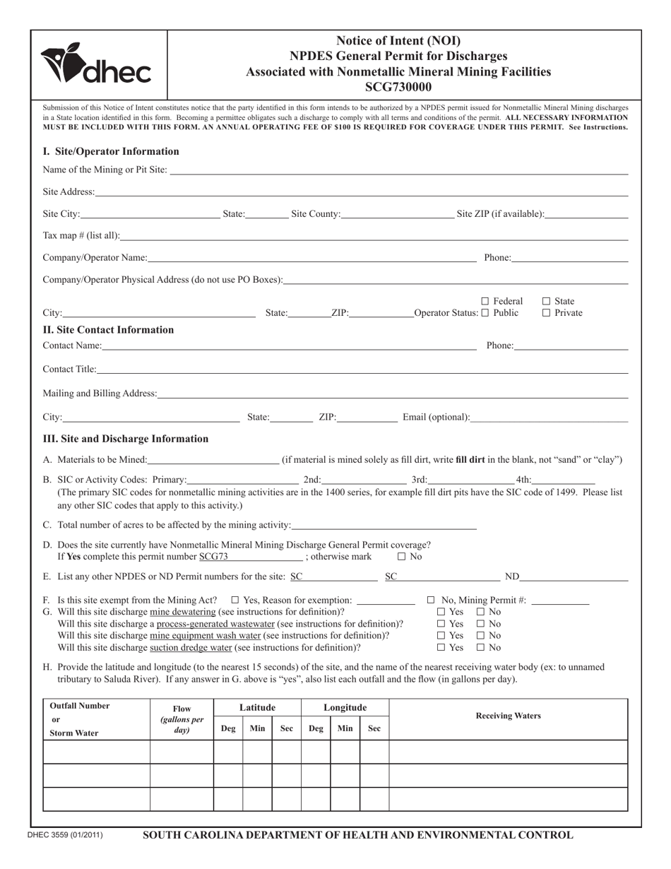 DHEC Form 3559 Notice of Intent (Noi) - Npdes General Permit for Discharges Associated With Nonmetallic Mineral Mining Facilities Scg730000 - South Carolina, Page 1