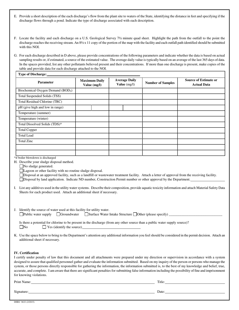 DHEC Form 3632 Notice of Intent (Noi) - Npdes General Permit for Utility Water Discharges Scg250000 - South Carolina, Page 2