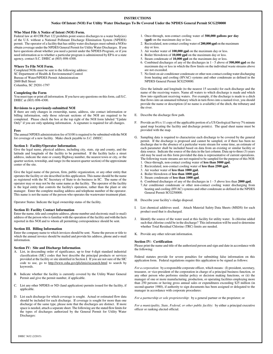 DHEC Form 3632 Notice of Intent (Noi) - Npdes General Permit for Utility Water Discharges Scg250000 - South Carolina, Page 3