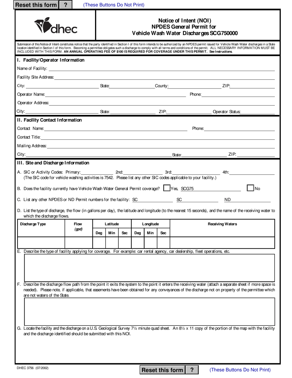 DHEC Form 3756 Notice of Intent (Noi) - Npdes General Permit for Vehicle Wash Water Discharges Scg750000 - South Carolina, Page 1