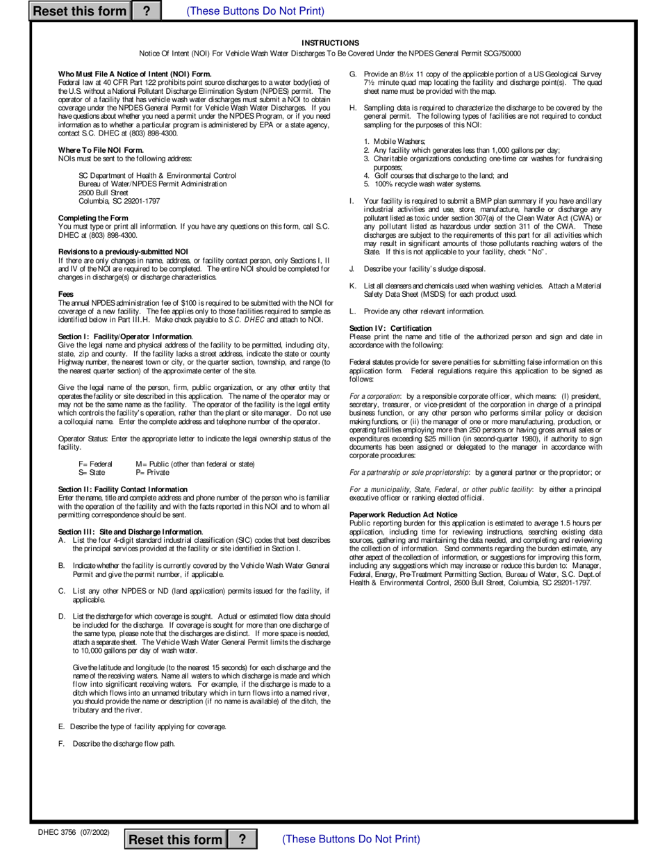 DHEC Form 3756 Notice of Intent (Noi) - Npdes General Permit for Vehicle Wash Water Discharges Scg750000 - South Carolina, Page 3