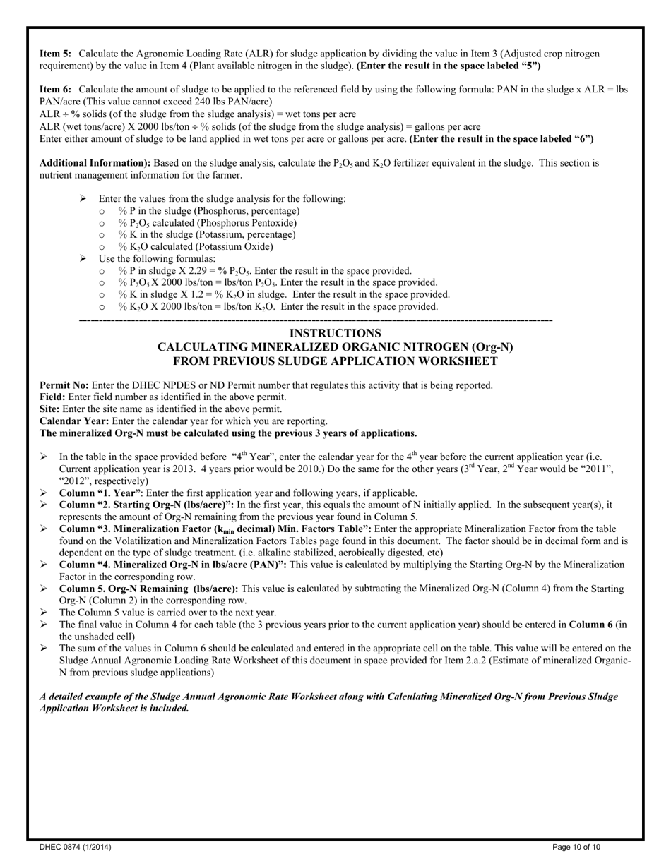 DHEC Form 0874 Sludge Annual Agronomic Loading Rate Worksheet - South Carolina, Page 10