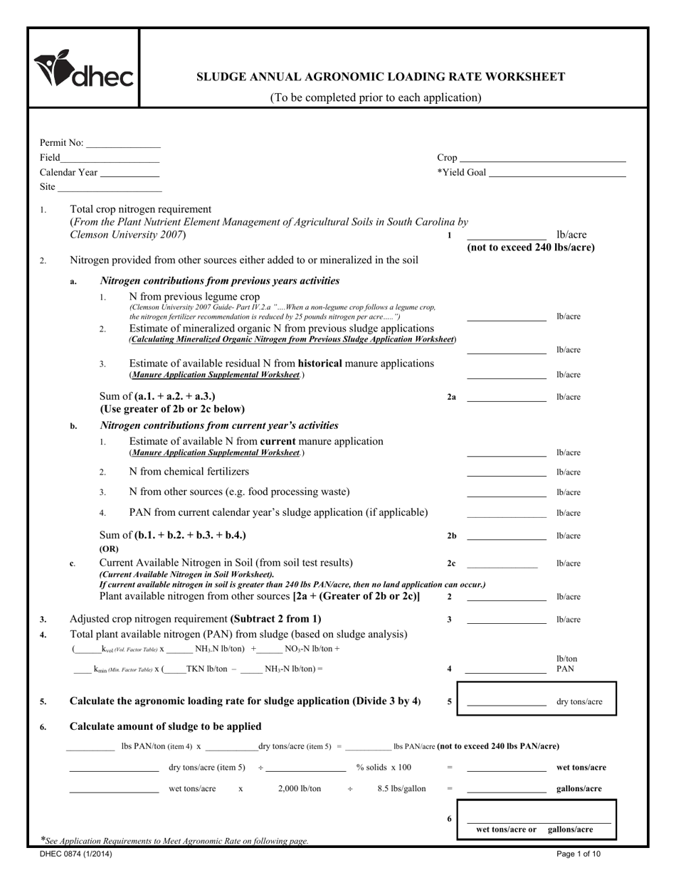 DHEC Form 0874 Sludge Annual Agronomic Loading Rate Worksheet - South Carolina, Page 1