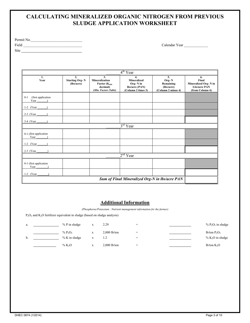 DHEC Form 0874 Sludge Annual Agronomic Loading Rate Worksheet - South Carolina, Page 3