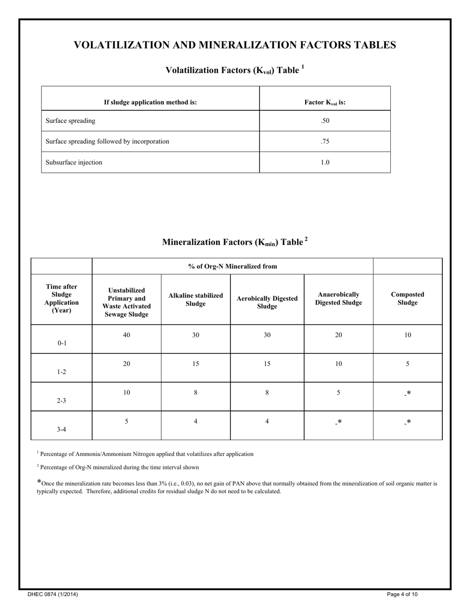 DHEC Form 0874 Sludge Annual Agronomic Loading Rate Worksheet - South Carolina, Page 4