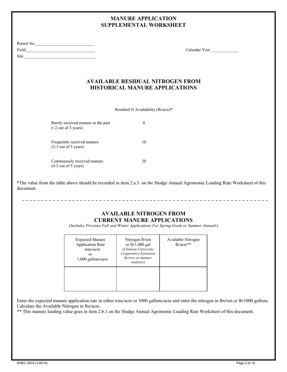 DHEC Form 0874 Sludge Annual Agronomic Loading Rate Worksheet - South Carolina, Page 5