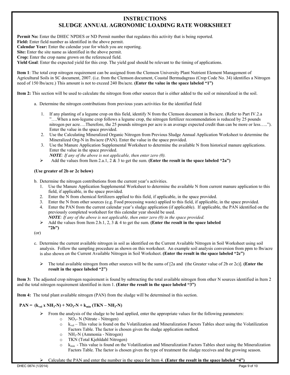 DHEC Form 0874 Sludge Annual Agronomic Loading Rate Worksheet - South Carolina, Page 9