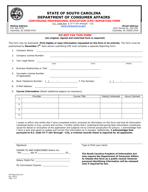Continuing Professional Education (Cpe) Reporting Form - South Carolina Download Pdf