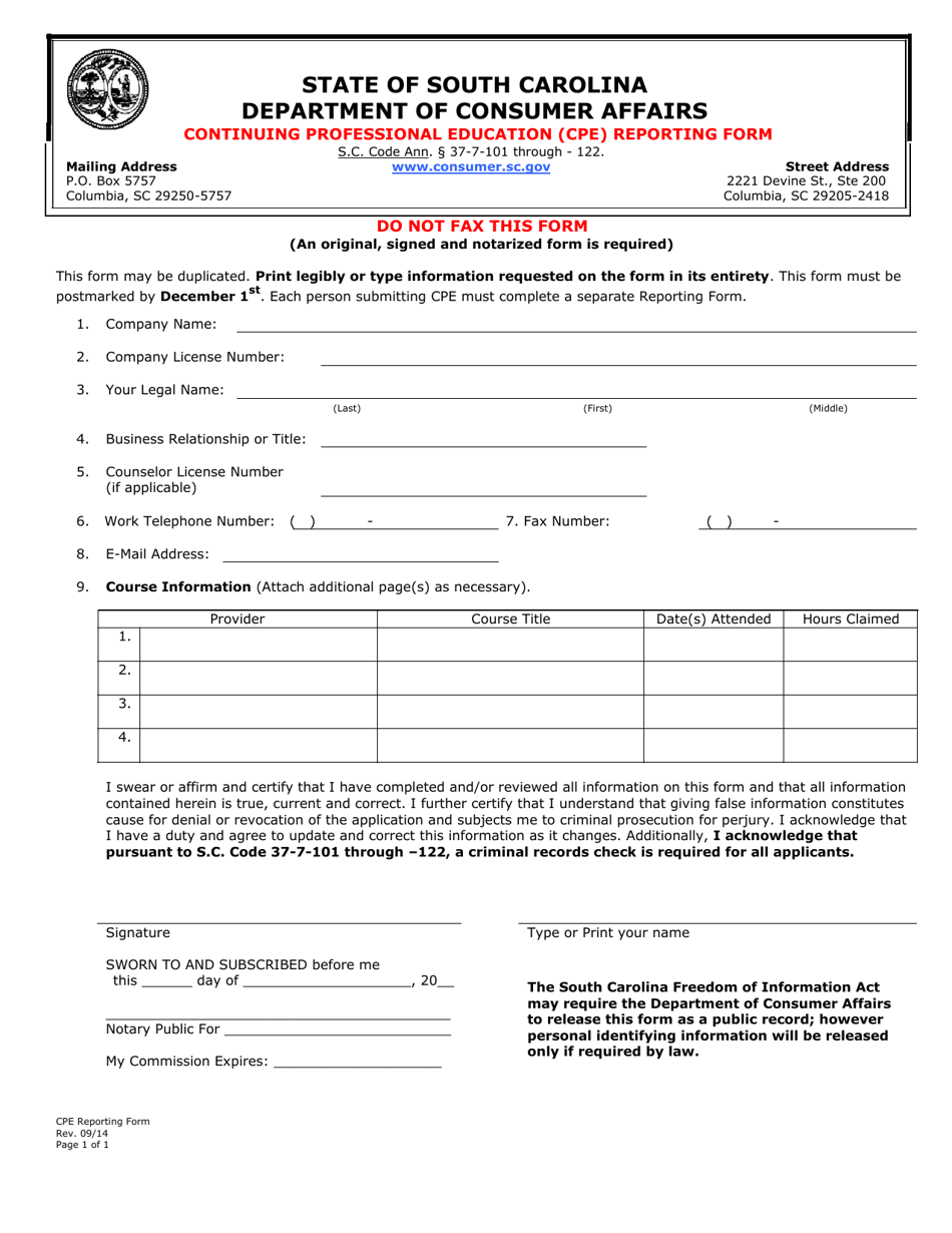 Continuing Professional Education (Cpe) Reporting Form - South Carolina, Page 1
