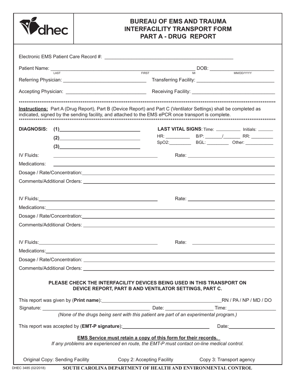 DHEC Form 3485 Interfacility Transport Form - South Carolina, Page 1