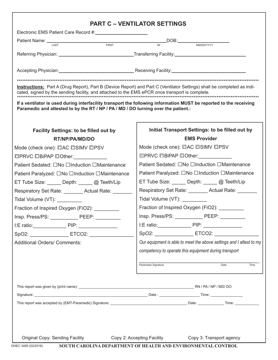 DHEC Form 3485 Interfacility Transport Form - South Carolina, Page 3