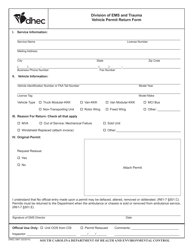 Document preview: DHEC Form 0947 Vehicle Permit Return Form - South Carolina