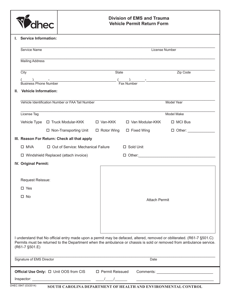 DHEC Form 0947 Vehicle Permit Return Form - South Carolina, Page 1