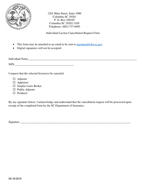 Individual License Cancellation Request Form - South Carolina Download Pdf