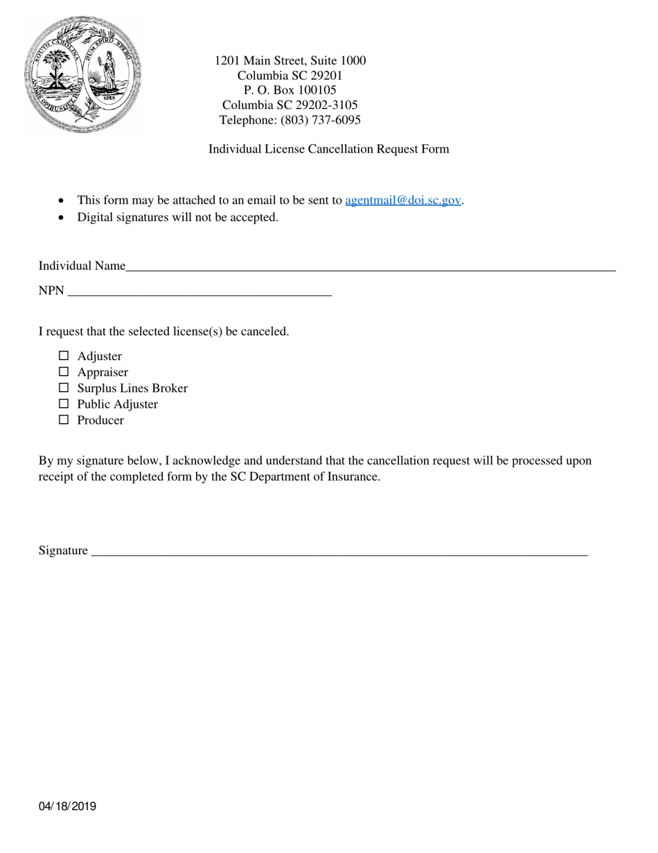 Individual License Cancellation Request Form - South Carolina, Page 1